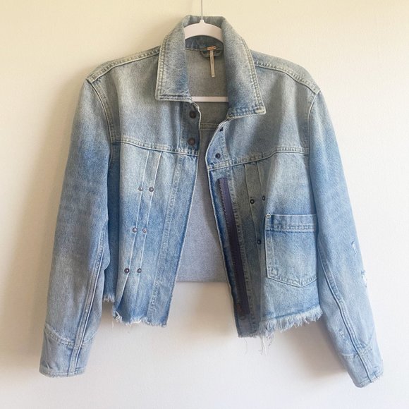Free People Dillon Cotton Distressed Cropped Denim Jacket Oversize Size XS - Picture 11 of 12